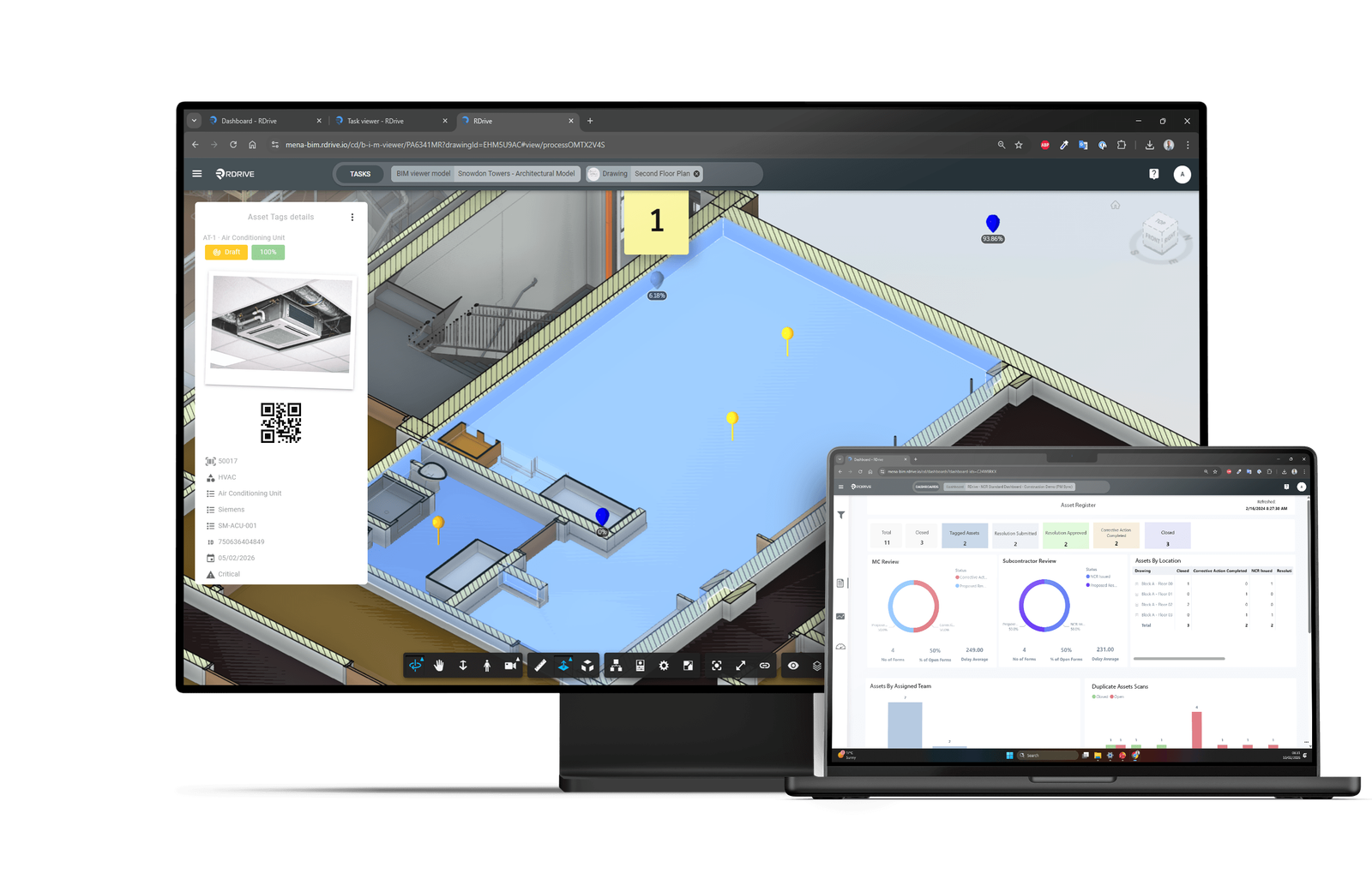Tagged assets pinned on a 3D model with QR details and completion analytics in RDrive Asset Tagging