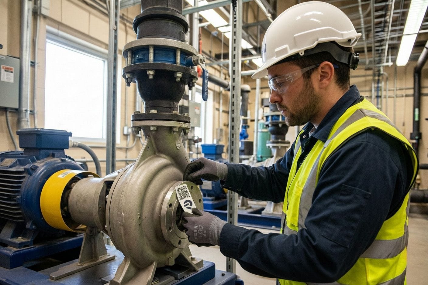 Engineer attaching an RDrive asset tag to a pump in a plant room as part of the asset tagging workflow