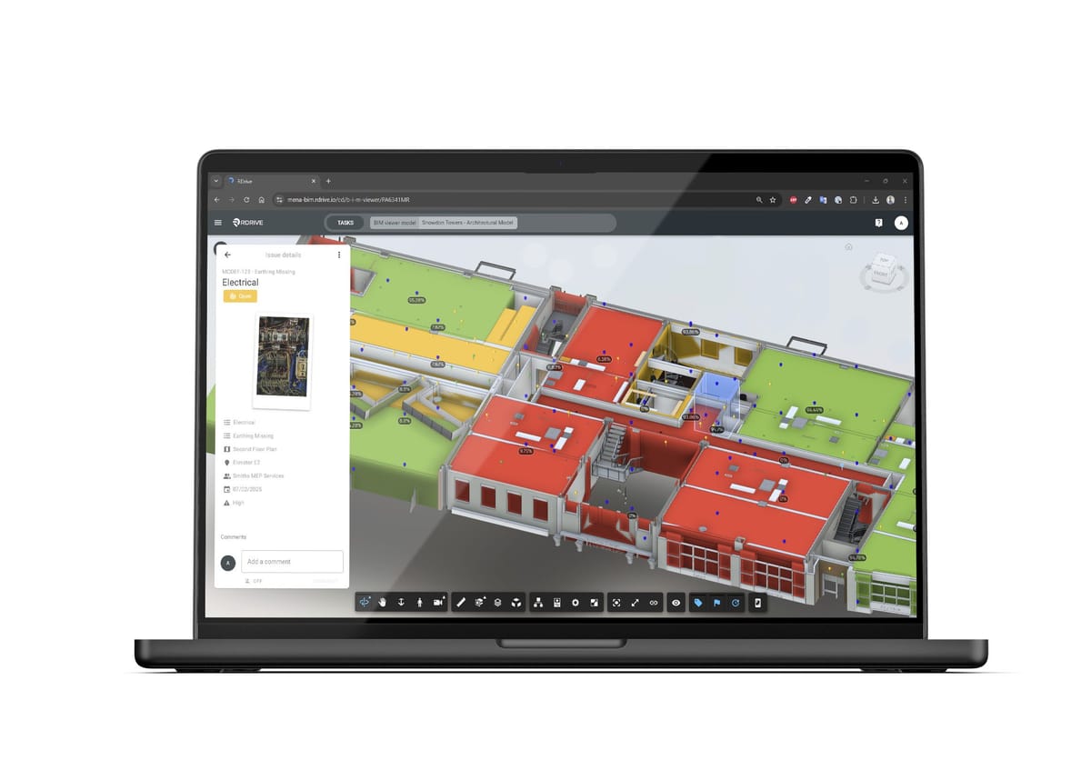 RDrive BIM 4D view on a laptop, colouring the model by construction status to show progress against programme
