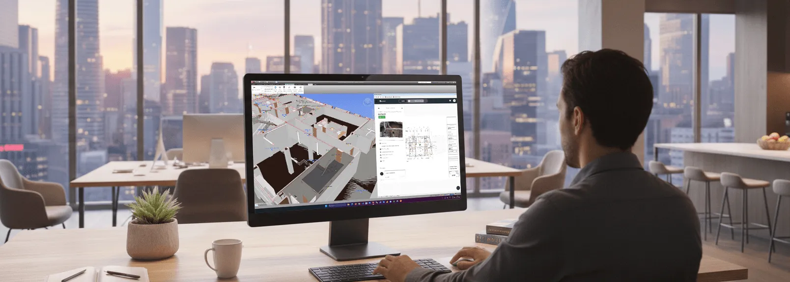 Designer reviewing a federated BIM model beside its drawings on a desktop in an office overlooking the city