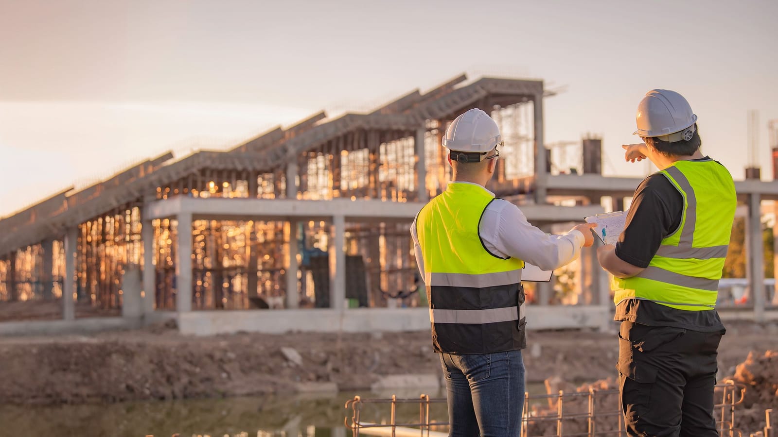 Main contractor's team reviewing drawings on site in front of a steel-framed building under construction