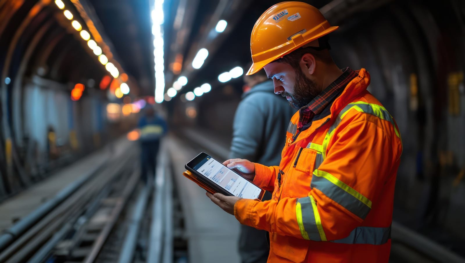 Worker in hi-vis recording a tunnel inspection on a tablet in a lit rail tunnel
