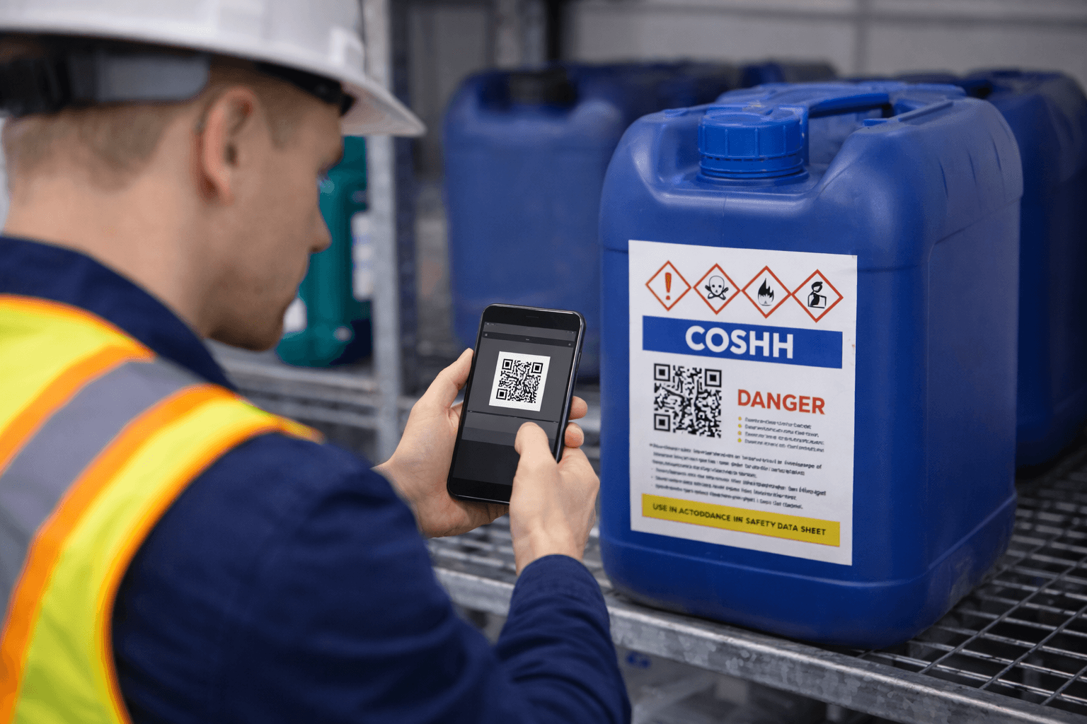 Worker scanning a COSHH QR label on a chemical drum with a phone to open its safety data sheet