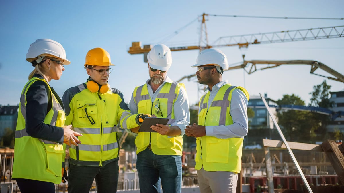 Site team reviewing a tablet together, agreeing the workflow steps their forms will follow