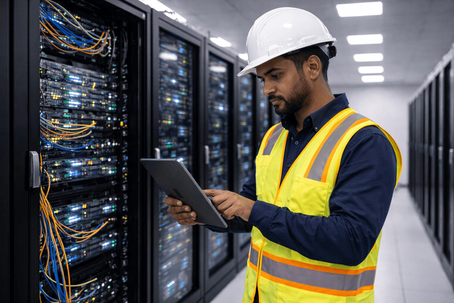 Commissioning agent recording checks on a tablet in front of live data centre server racks