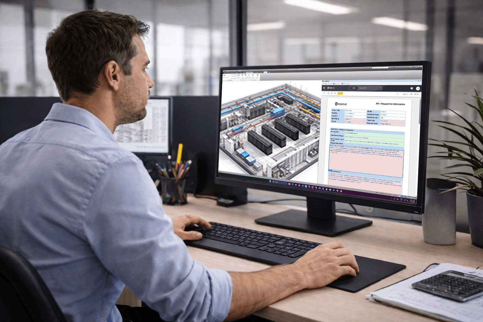 Designer reviewing a 3D data centre model alongside inspection records on a desktop