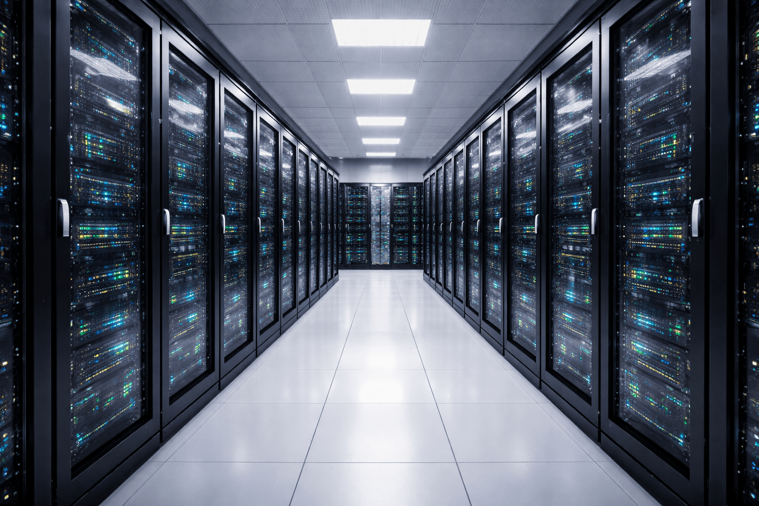Rows of server racks lining a lit aisle in a modern data centre