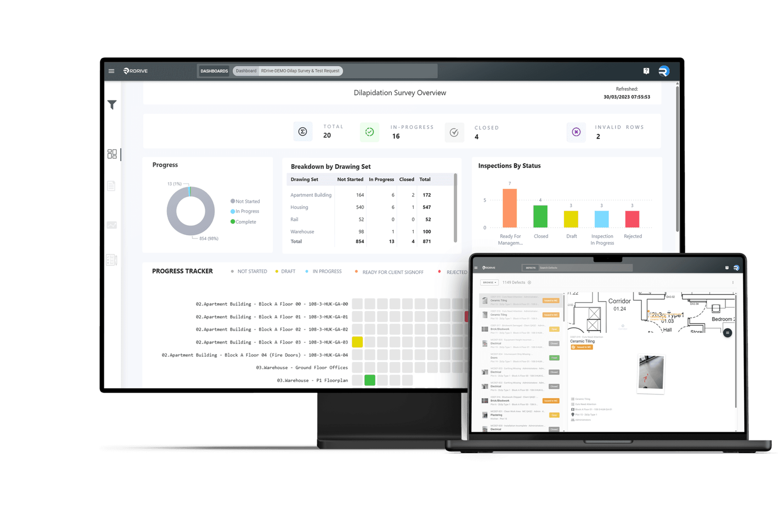 RDrive dilapidation survey dashboard showing survey progress and inspection status by drawing set