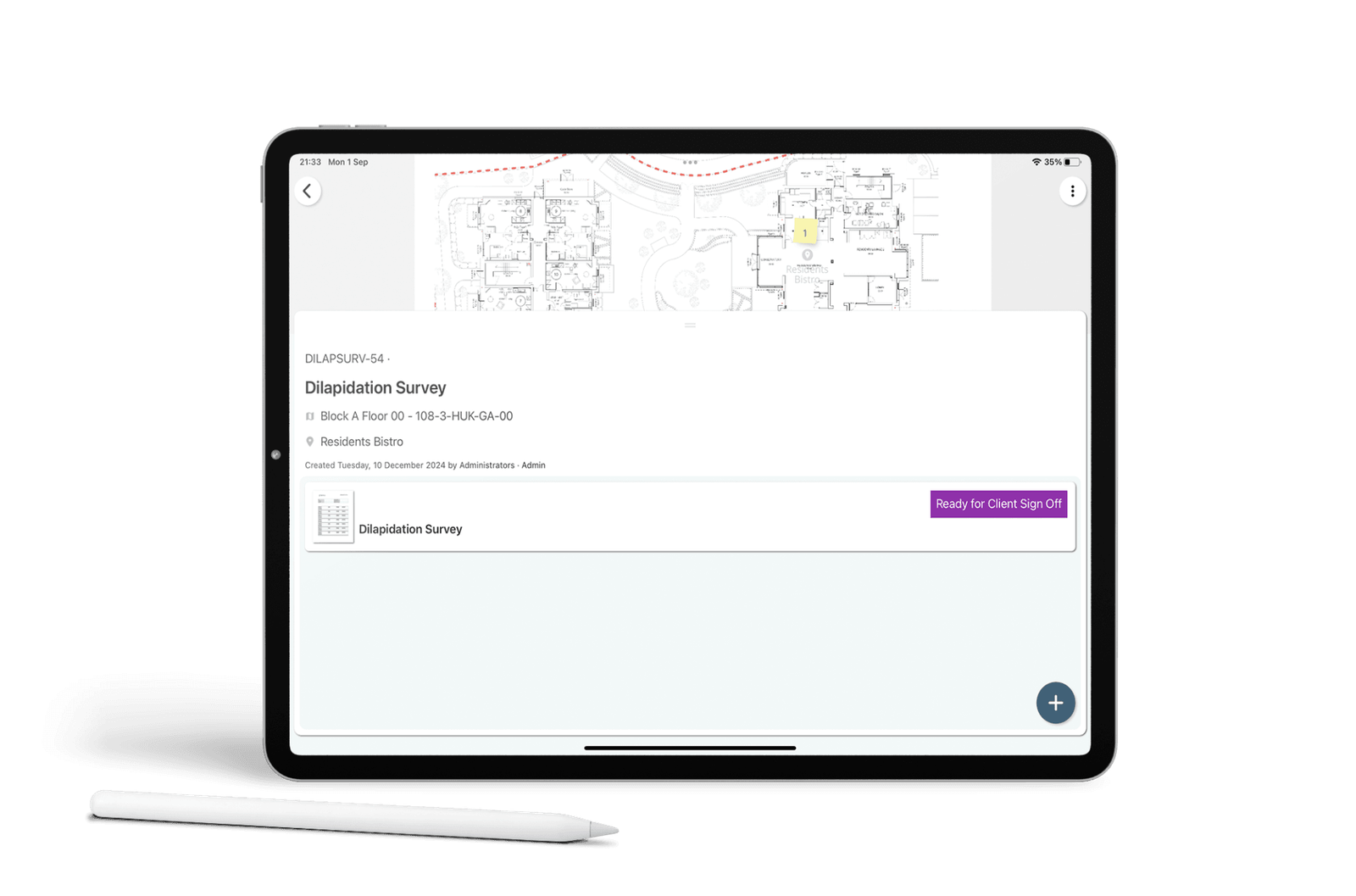 Dilapidation survey on a tablet marked ready for client sign-off, with the unit floor plan above