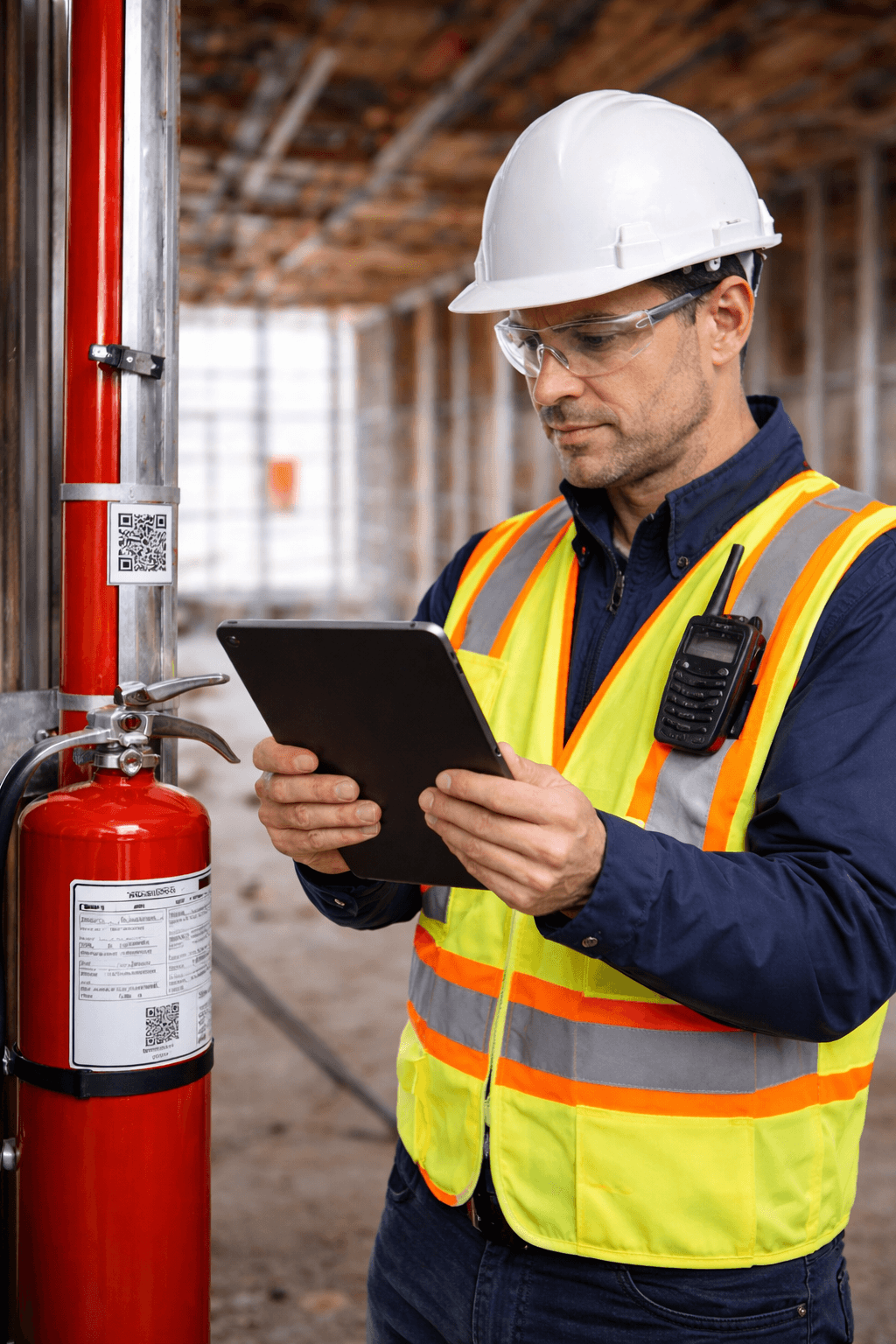 Fire safety inspector scanning a QR-tagged extinguisher with a tablet to log its inspection on site