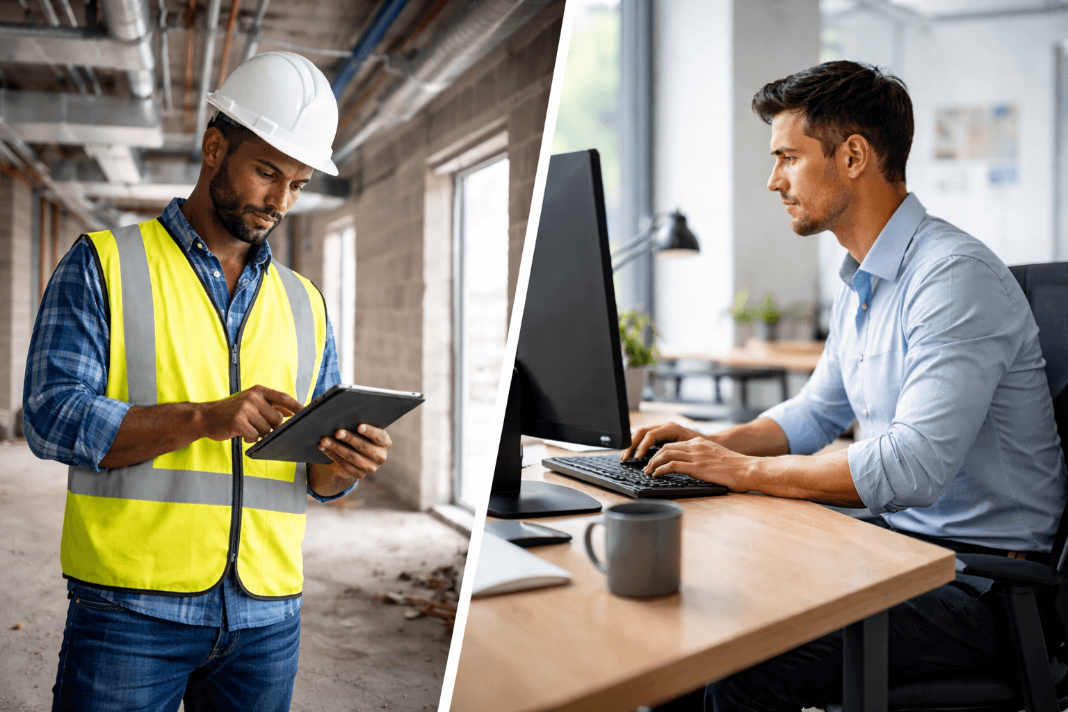 Split view of a fit-out contractor recording work on site and a colleague reviewing it in the office