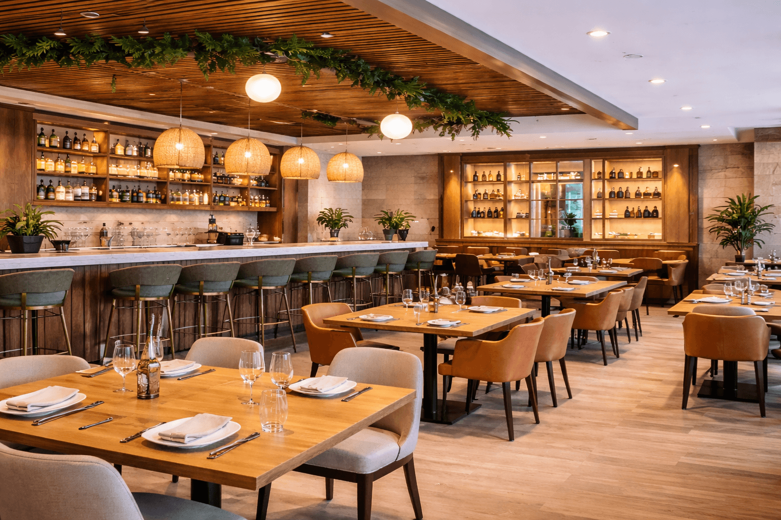Newly fitted-out restaurant interior with bar, timber ceiling and set tables ready for handover to the occupier