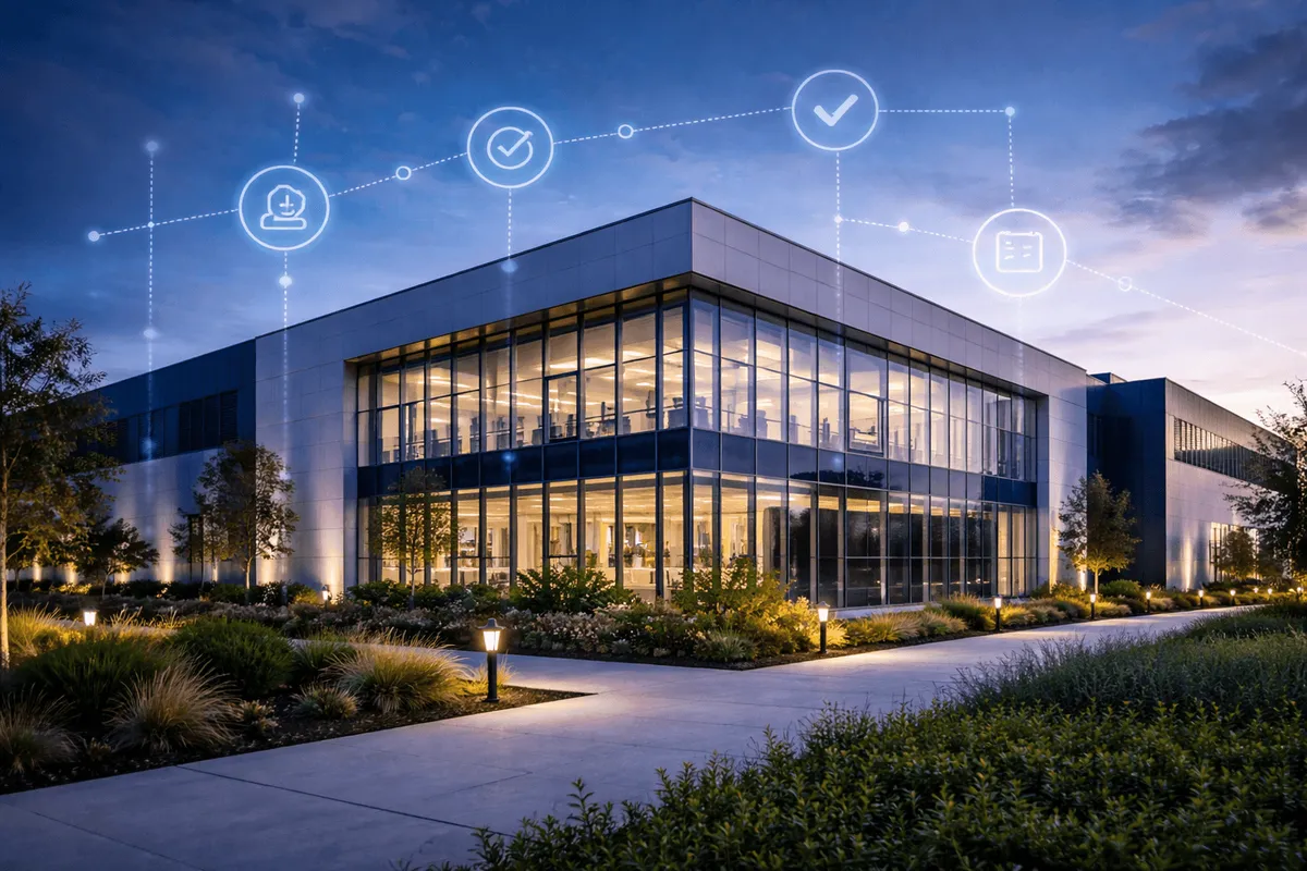 Glass office building at dusk with glowing linked icons for people, approvals and documents above it.