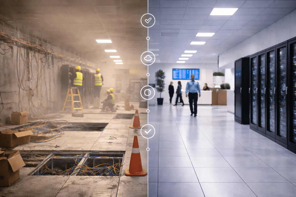 Split view of a dusty construction site and the finished building, joined by a timeline of record icons.