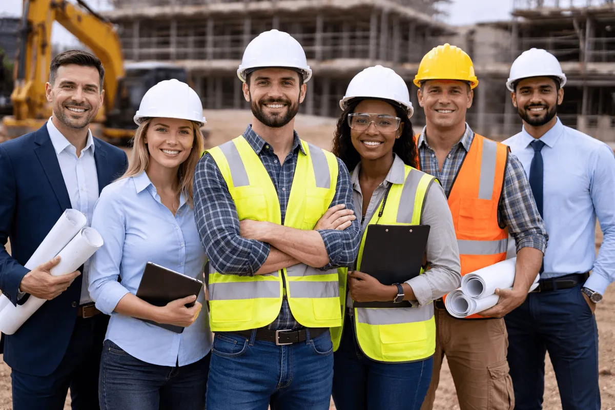 Six construction professionals in hard hats and hi-vis vests standing together on a building site.