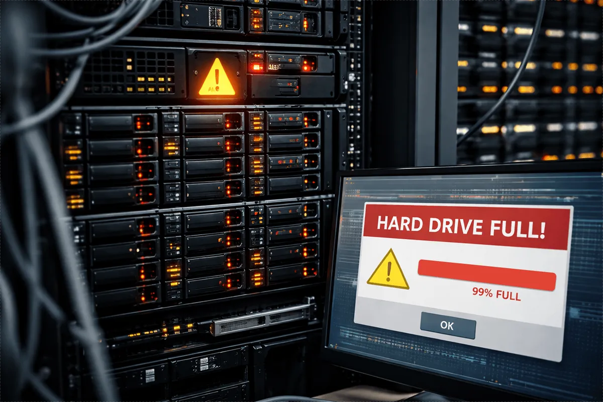 Server rack beside a monitor showing a red "Hard drive full" alert at 99 per cent capacity.