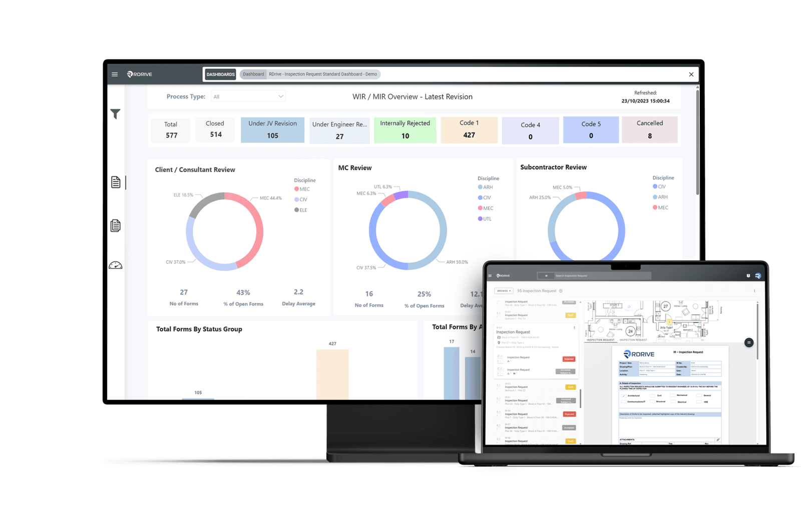 RDrive inspection request dashboard on desktop with the inspection form open on a laptop alongside