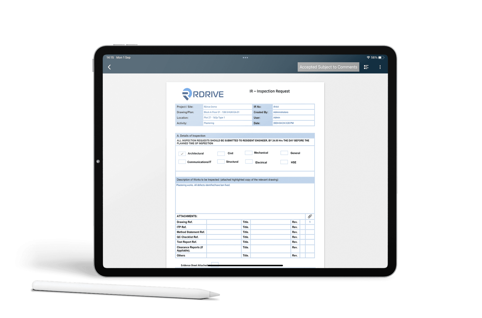 RDrive inspection request form filled in on a tablet, ready to submit for review on site