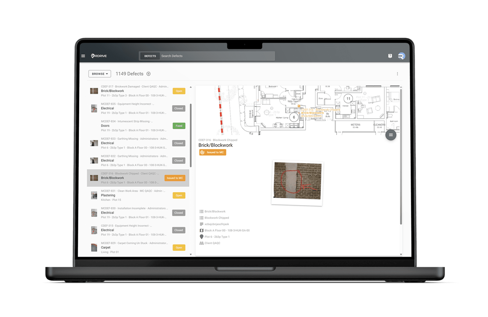 RDrive Issue Analysis on a laptop listing 1,149 defects against a drawing with a photo of the flagged brickwork