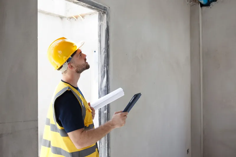 Site engineer inspecting a doorway and raising a non-conformance report on a tablet