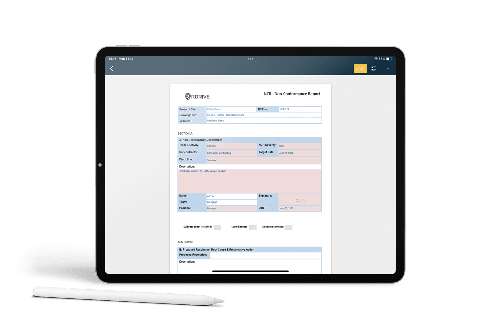 RDrive non-conformance report completed on a tablet, capturing severity, root cause and corrective action