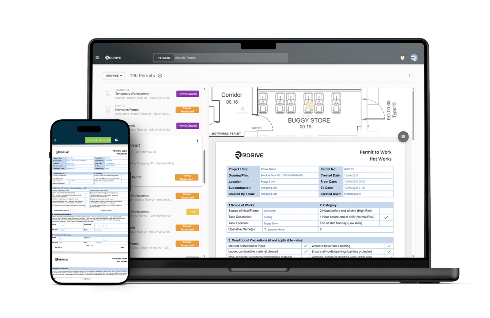 RDrive permit management on a laptop and phone, showing a hot works permit to work against the site drawing