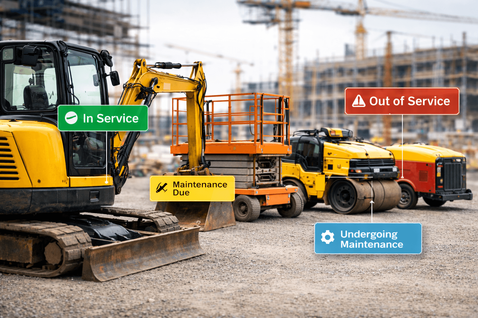 Site plant tagged In Service, Maintenance Due and Out of Service, showing equipment status at a glance