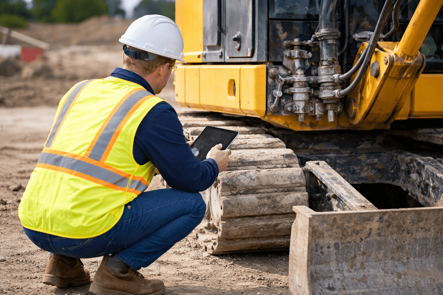Site worker completing an equipment and plant safety check on an excavator using RDrive on a tablet