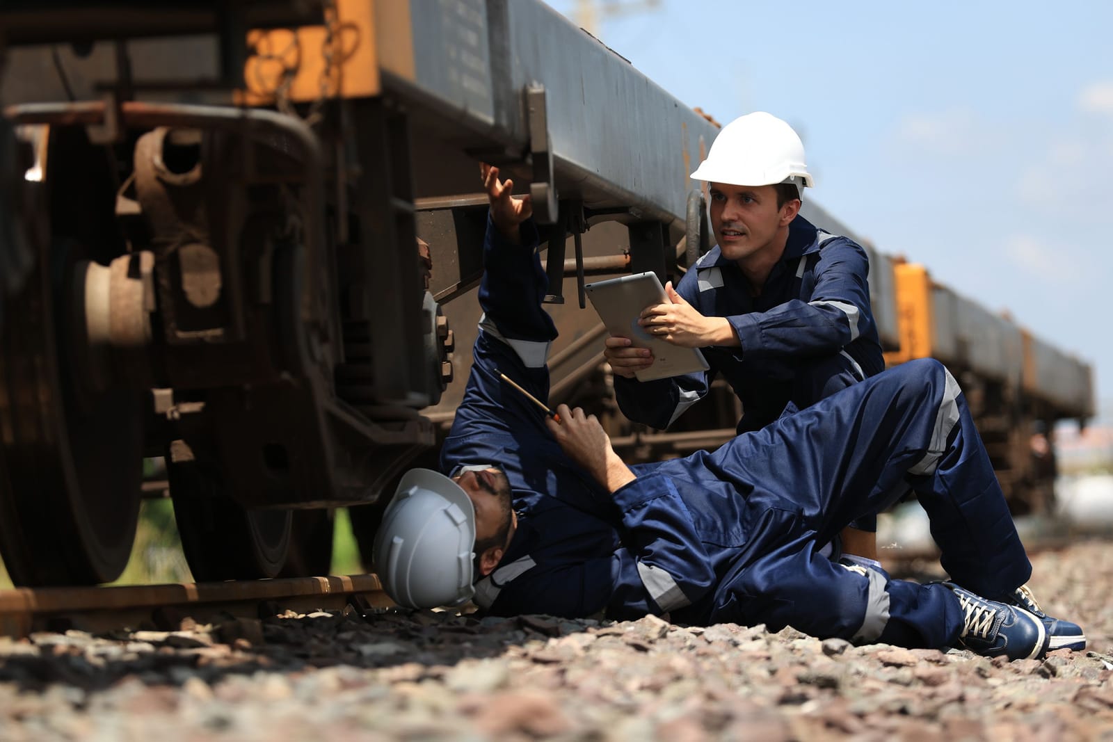 Railway workers inspecting the underside of a wagon trackside, recording findings on a tablet