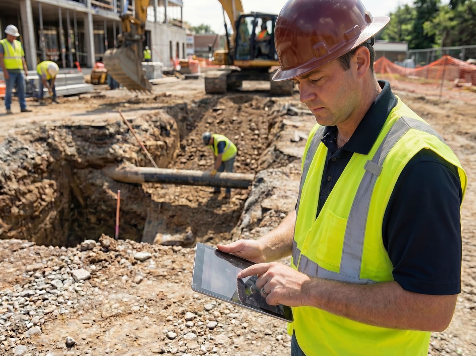 Site engineer completing a risk assessment on a tablet beside an open excavation