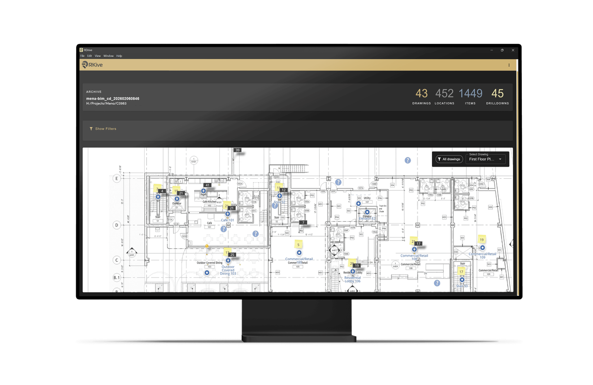 RDrive RKive on a monitor, navigating archived records by pins placed directly on the project drawing
