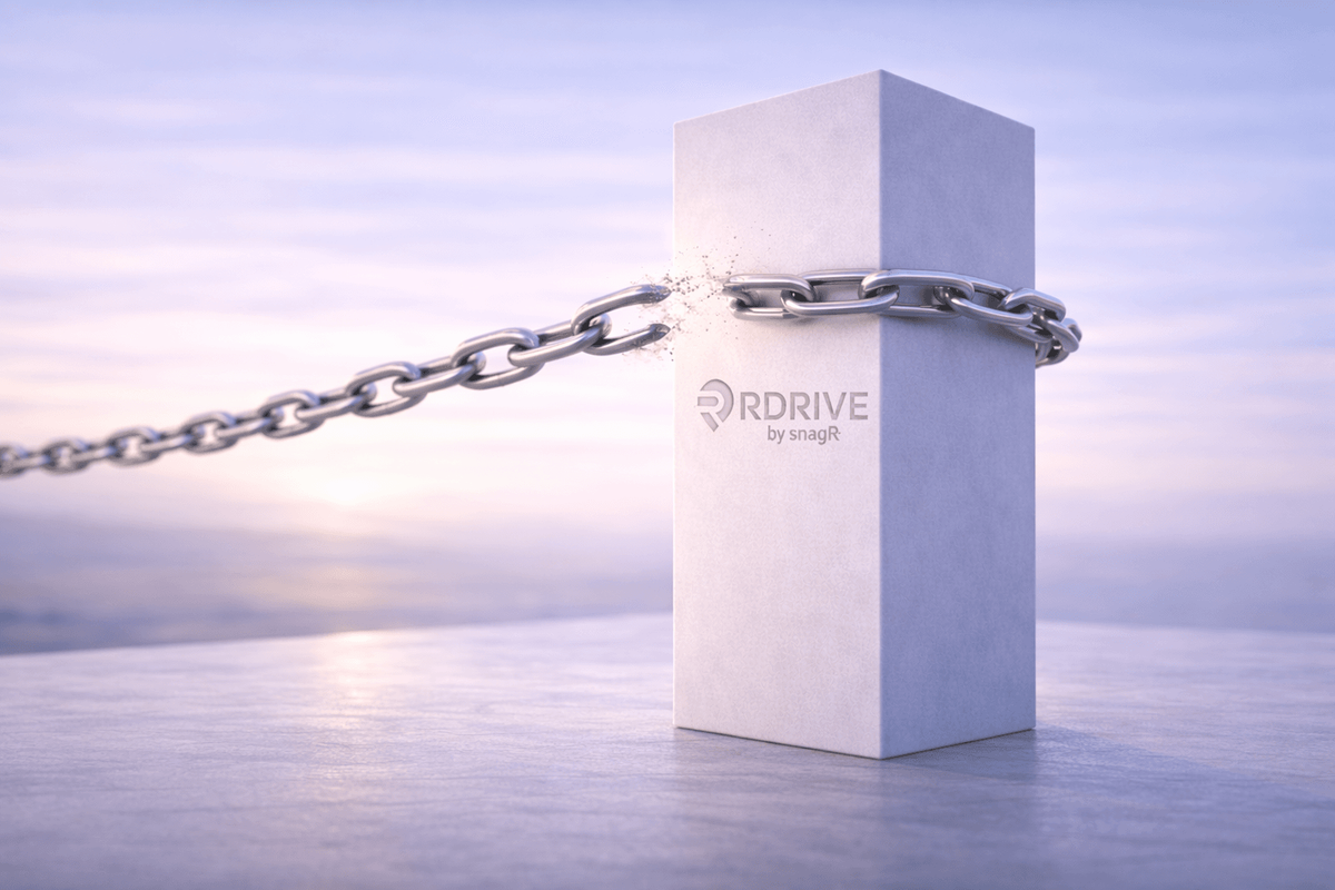 Chain breaking away from a monolith carrying the RDrive logo, showing RKive ends long-term archive cost