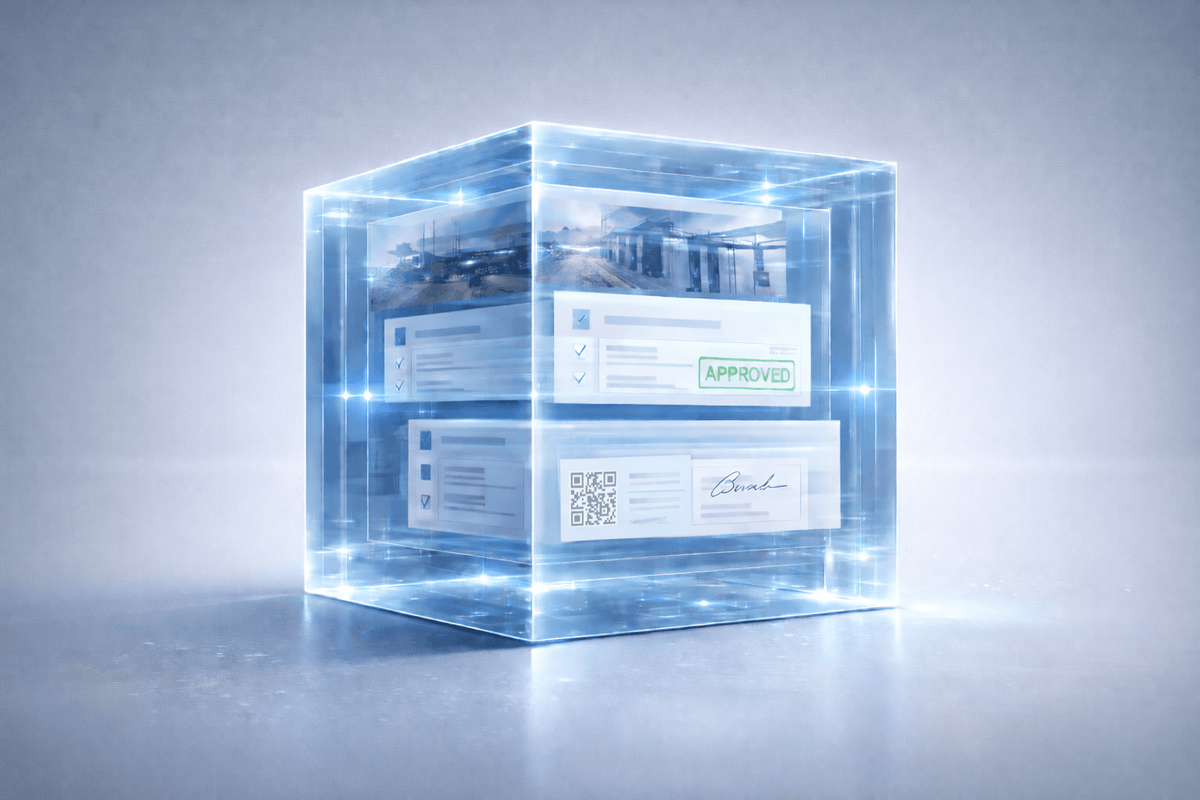 Project records sealed inside a glowing glass cube, illustrating RKive's permanent project memory