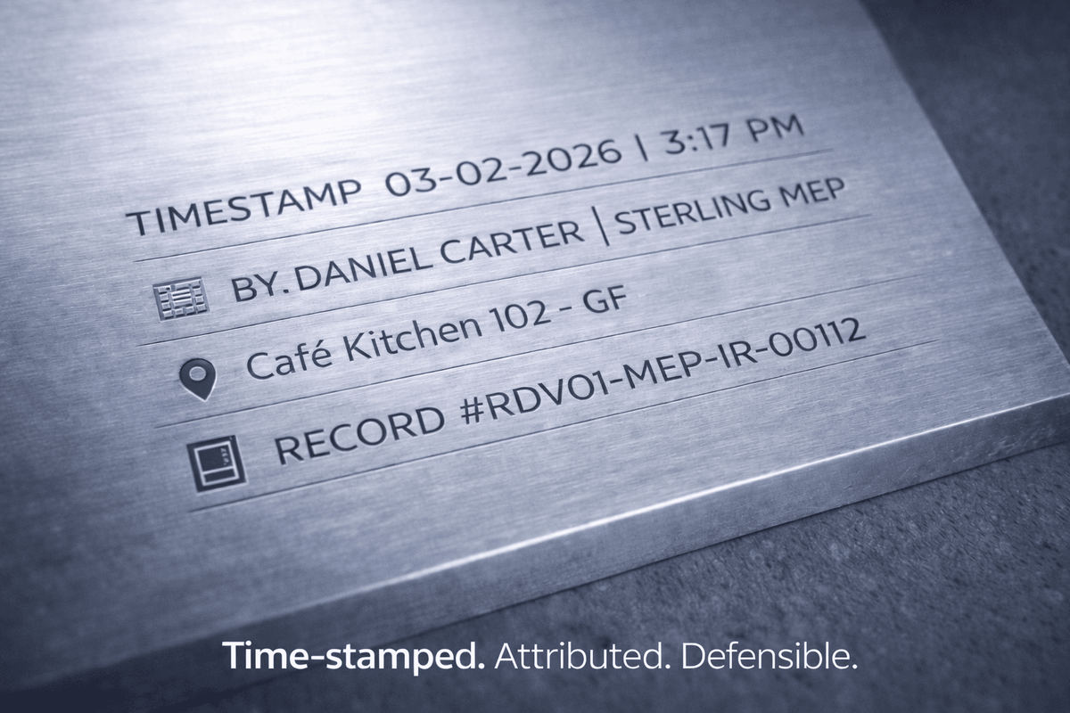 Engraved metal plate showing a time-stamped, attributed RKive record reference for a completed inspection
