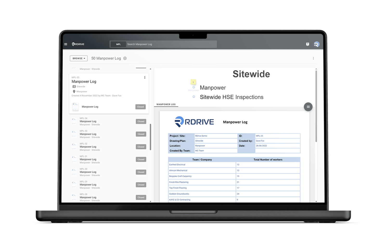 RDrive manpower log open on a laptop, listing sitewide daily diary entries by team and company