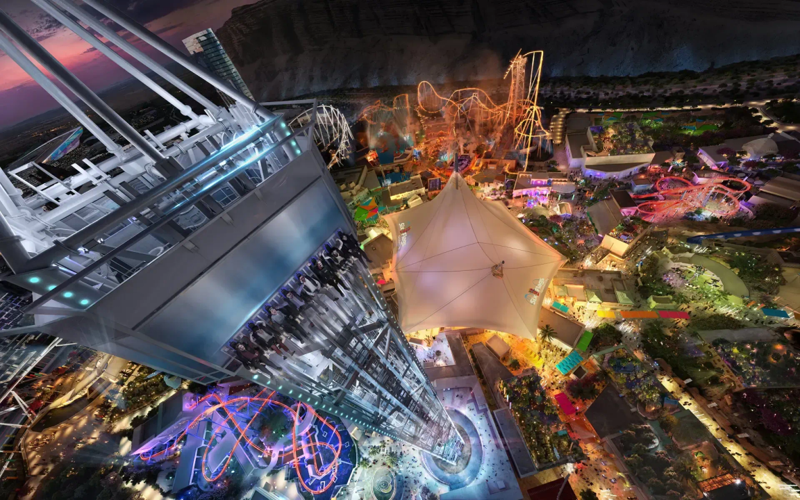 Aerial night render of the Six Flags Qiddiya theme park, a Bouygues project delivered with RDrive