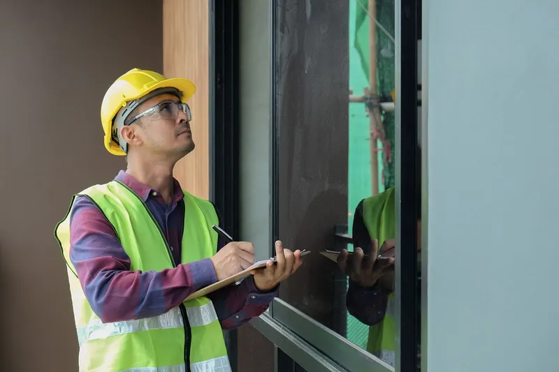 Inspector checking a window installation and noting defects for snagging and de-snagging