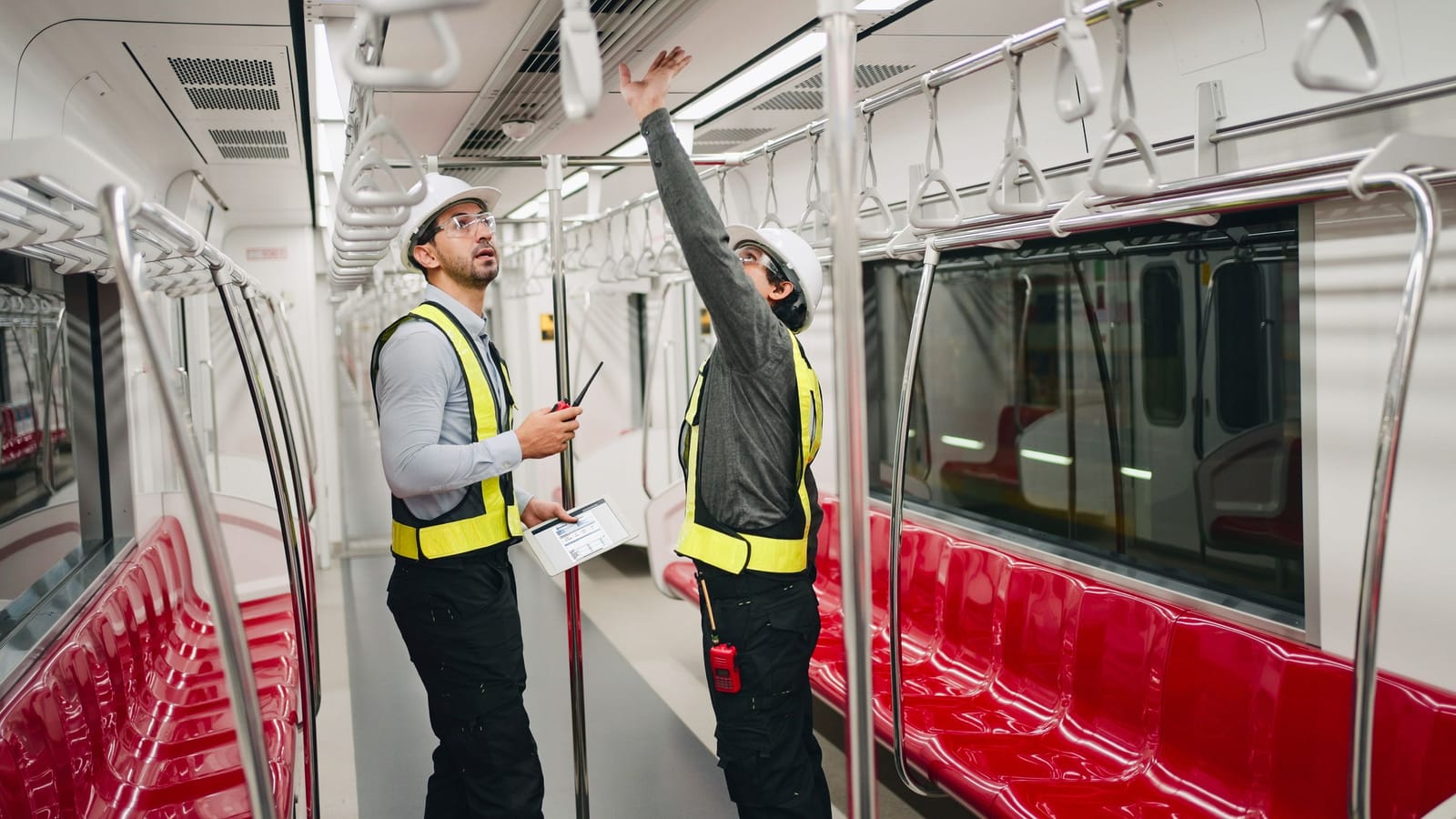 Two inspectors checking the interior of a subway car during a rolling stock overhaul