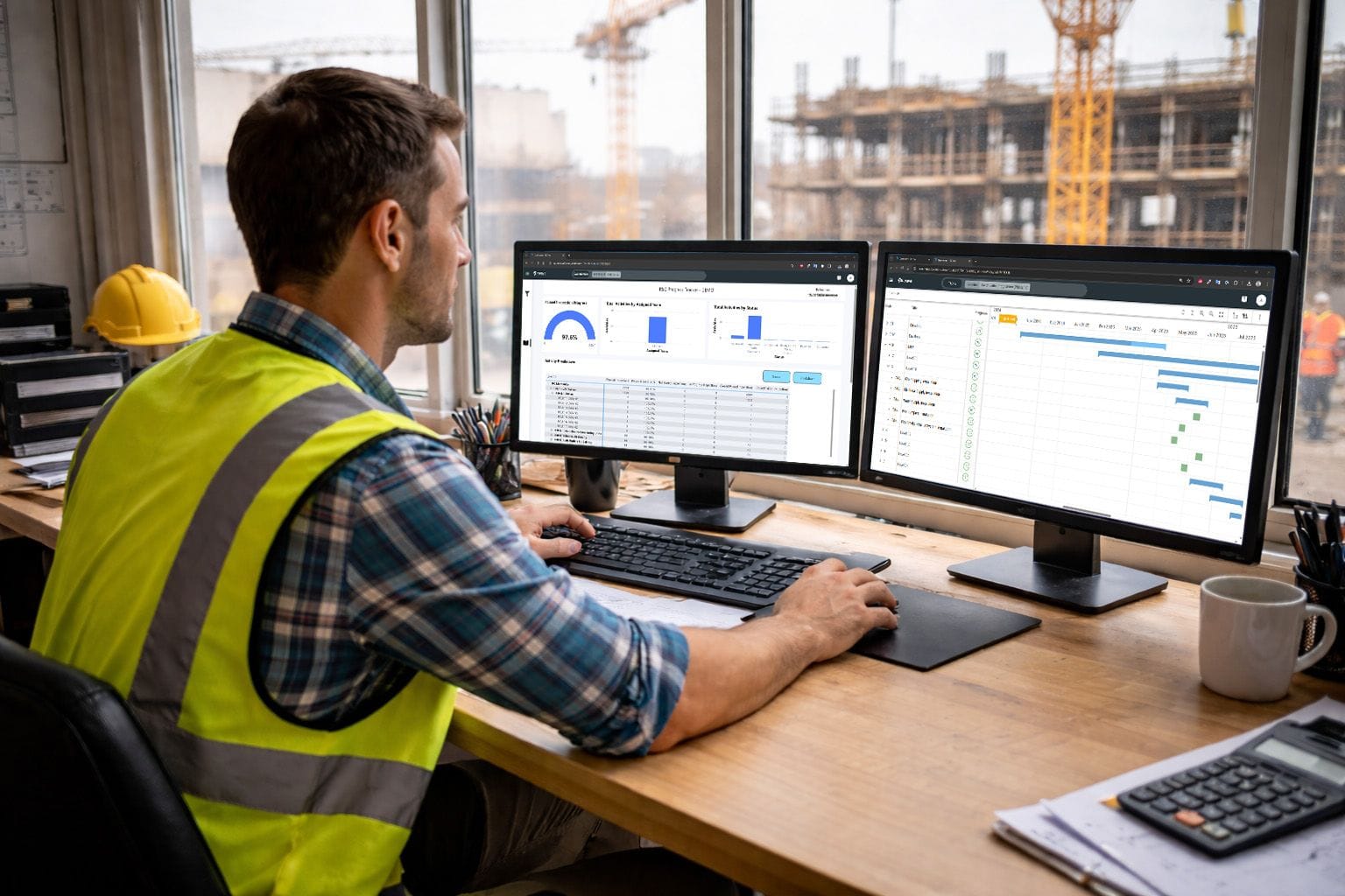 Commissioning engineer reviewing test schedules and a programme on dual monitors overlooking the site