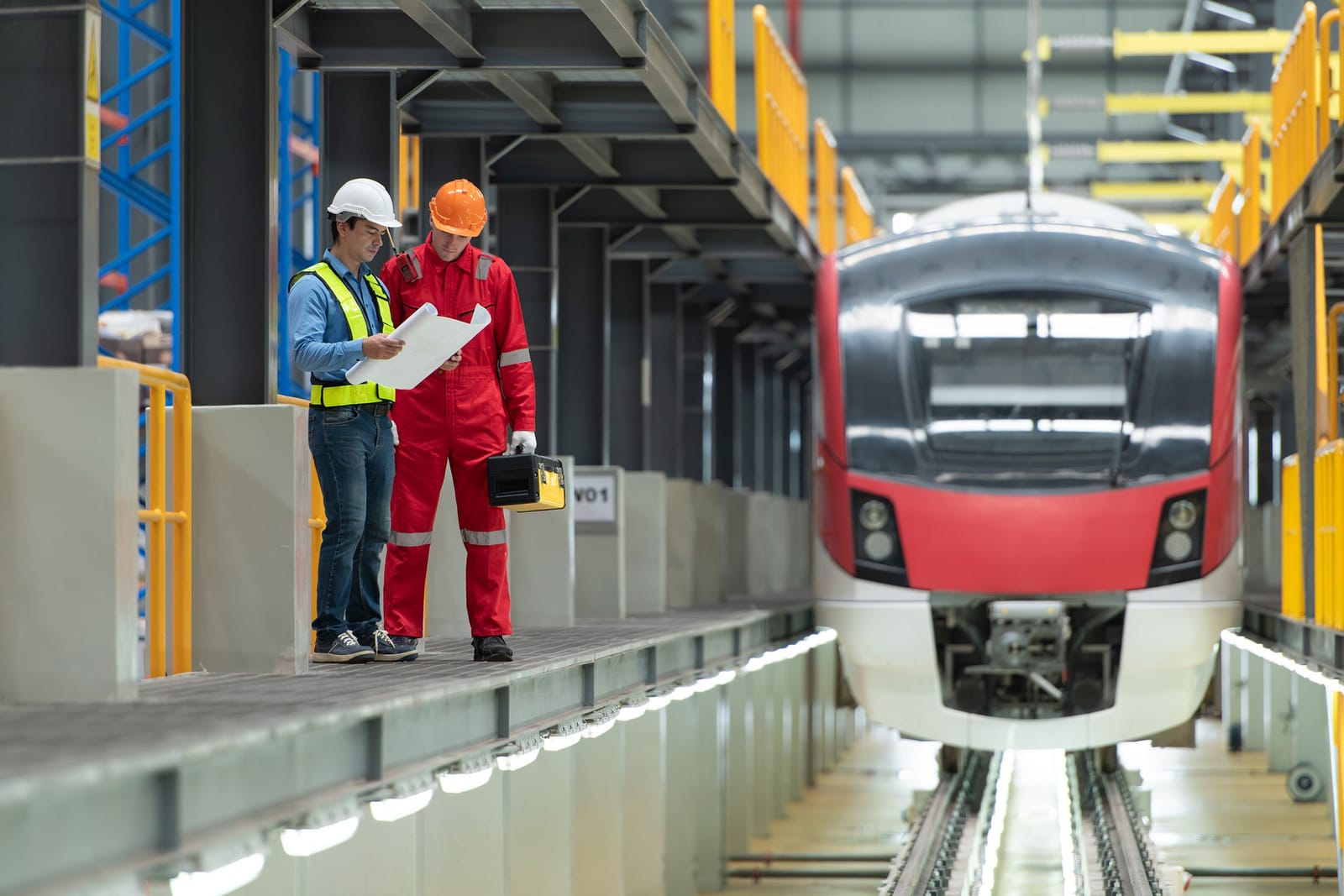 Rail engineers reviewing drawings beside an electric train in a depot maintenance shed