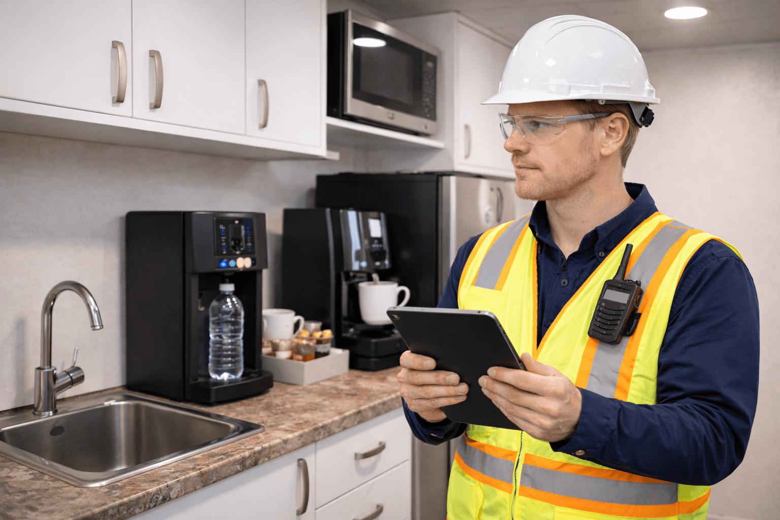 Supervisor inspecting a site welfare kitchen on a tablet as part of the worker welfare checks