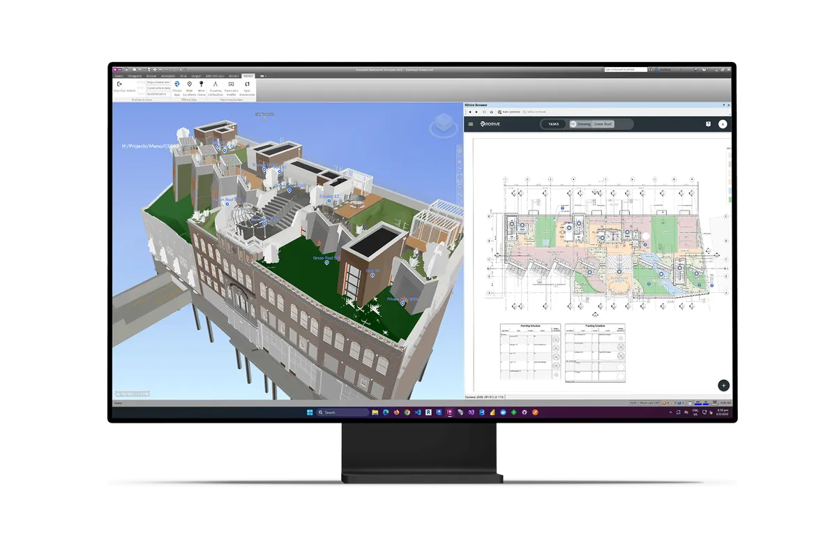 RDrive BIM on a monitor showing the 3D model and the matching 2D drawing side by side