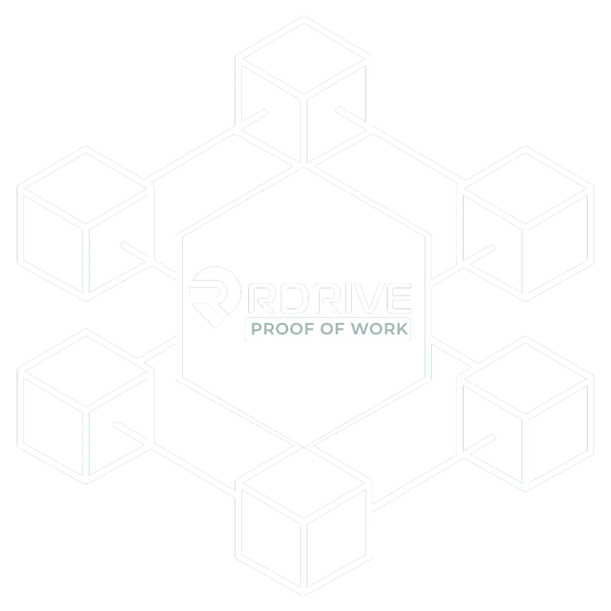 RDrive Proof of Work network graphic, linked blocks forming a tamper-evident chain of project records