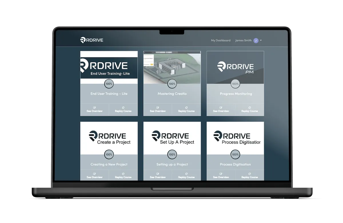 RDrive Academy course dashboard on a laptop, showing training modules with progress and replay options