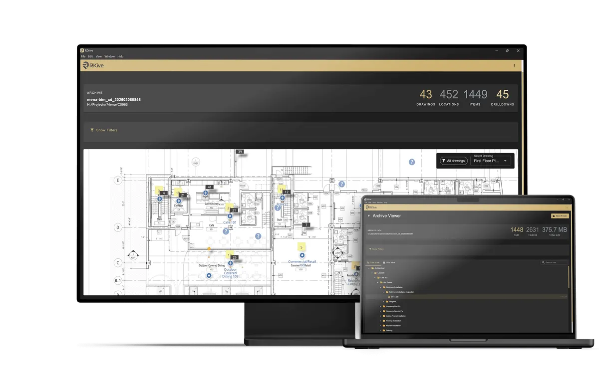 RDrive RKive archive on desktop and laptop, showing drawing-based navigation and the full record file tree